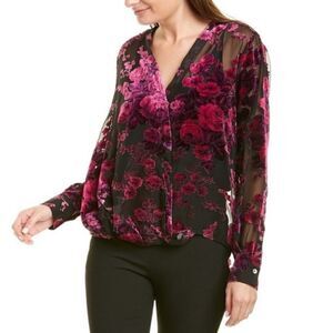 LIKELY Adrianna Blouse Womens Small Velvet Sheer Floral Burnout Black Pink S